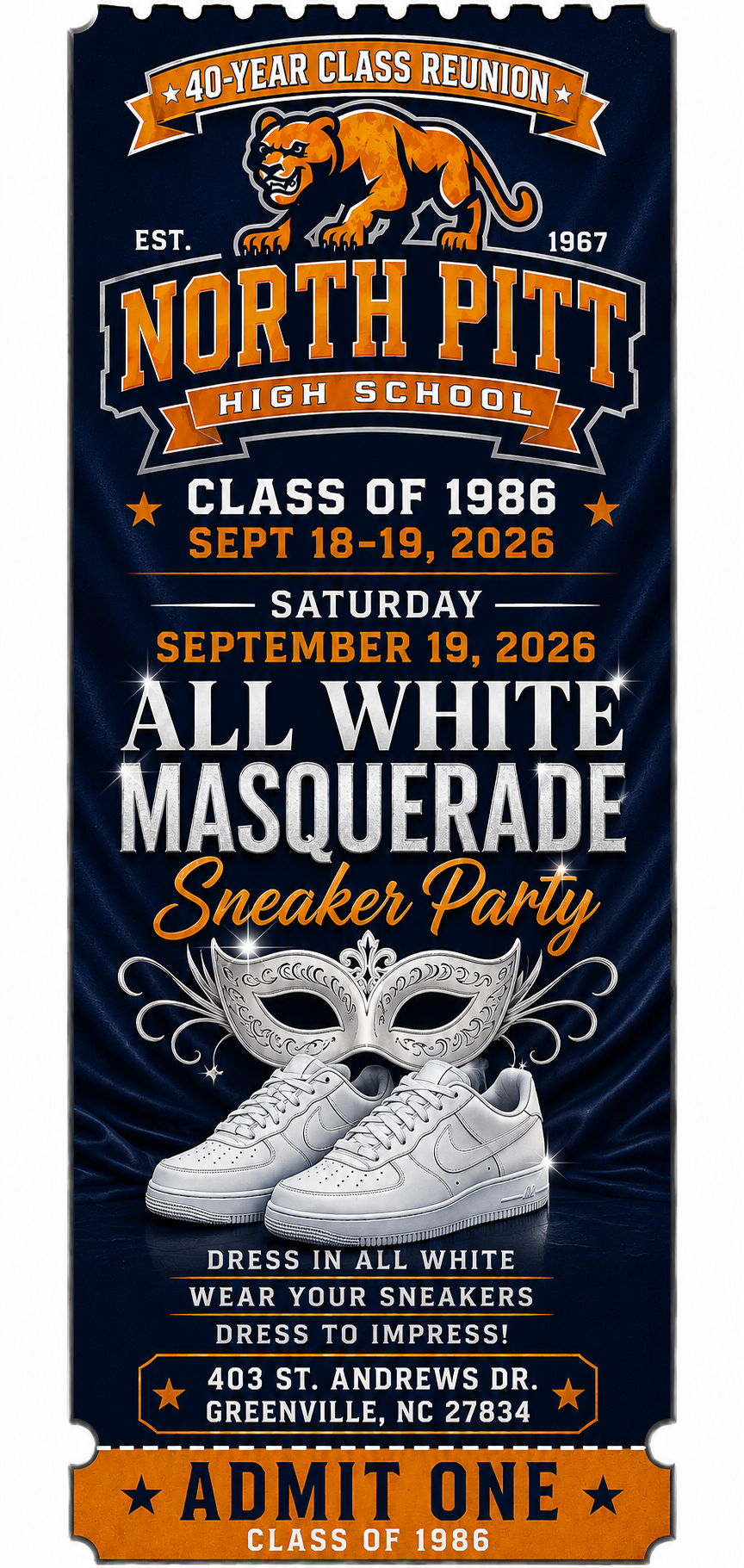 Saturday All White Masquerade Sneaker Party flyer — September 19, 2026, 403 St. Andrews Dr., Greenville, NC